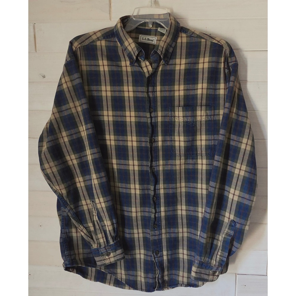 LL Bean Flannel Shirt Mens Large Tall Blue Tan Plaid Cotton Button Down Long Slv